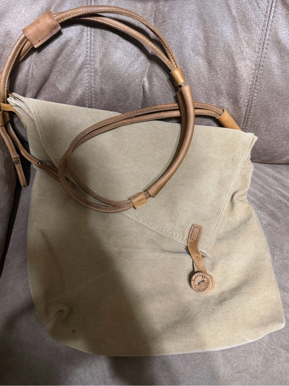 Leather and Canvas Unisex Crossbody Messenger in Light Tan